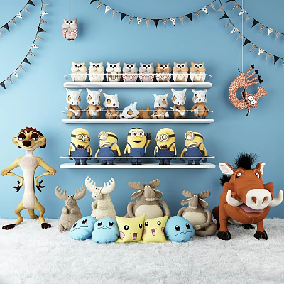 Adorable Stuffed Toys Collection With Minions Foxes Owls Meerkat Warthog And Blue Wall Decorations 3d model