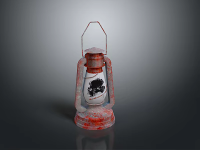 Vintage Red And White Kerosene Lamp With Handle And Black Pattern Design 3d model