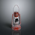Vintage Red And White Kerosene Lamp With Handle And Black Pattern Design