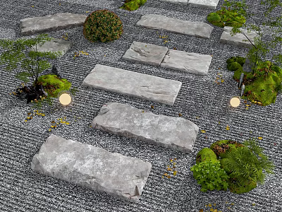 Zen Garden Path With Stone Slabs Pebble Ground Small Shrubs And Lamps 3d model