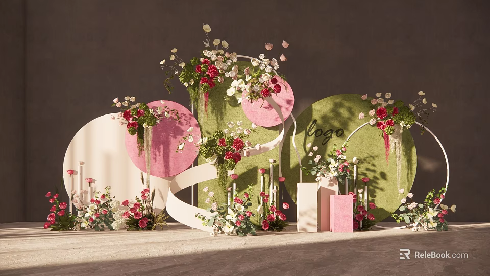 Wedding Decor Setup With Pink Green Circular Accents Red White Flowers And Vases 3d model 