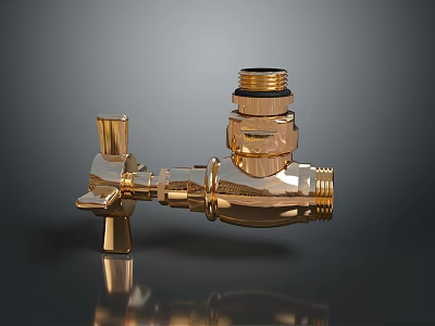 Golden Brass Valve Pipe Fitting With Handle And Connections On Dark Background With Reflection 3d model