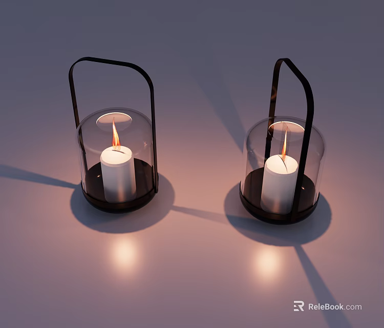 Decorative Ornament Set With Glass Lanterns Black Metal Handles Lit White Candles And Light Shadows 3d model 
