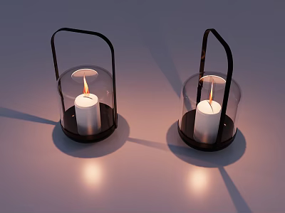 Decorative Ornament Set With Glass Lanterns Black Metal Handles Lit White Candles And Light Shadows 3d model