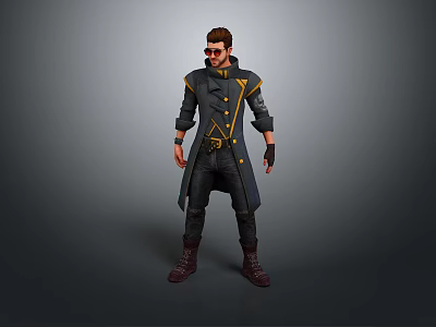 Man Wearing Long Dark Coat With Yellow Accents Sunglasses Gloves And Boots 3d model