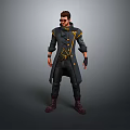 Man Wearing Long Dark Coat With Yellow Accents Sunglasses Gloves And Boots