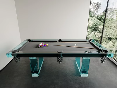 Modern Entertainment Billiard Table With Glass Surface Transparent Legs And Green Trees Outside Window 3d model