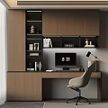 Modern Home Office Workspace With Wooden Desk Bookshelf Monitor And Chair
