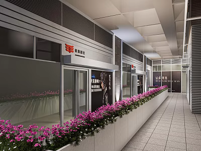 Modern Corridor With Glass Storefronts Purple Flower Beds And Tile Floor 3d model