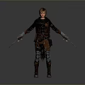 3D Fantasy Warrior Character With Wolf Companion Wearing Brown Black Armor Holding Dual Swords