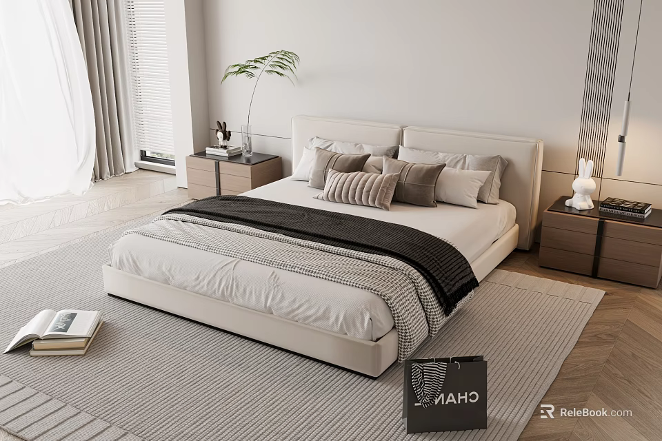 Modern Minimalist Bedroom Interior With Upholstered Bed Pillows Striped Blanket Nightstands Potted Plant And Rug 3d model 