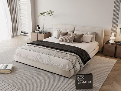 Modern Minimalist Bedroom Interior With Upholstered Bed Pillows Striped Blanket Nightstands Potted Plant And Rug 3d model