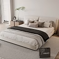 Modern Minimalist Bedroom Interior With Upholstered Bed Pillows Striped Blanket Nightstands Potted Plant And Rug