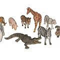 Reptile Crocodile Figurine and Other Animal Models in Collection on Gray Background