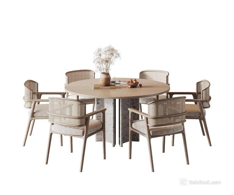 Light Colored Round Dining Table Set with Rattan Chairs and Decorative Vase 3d model