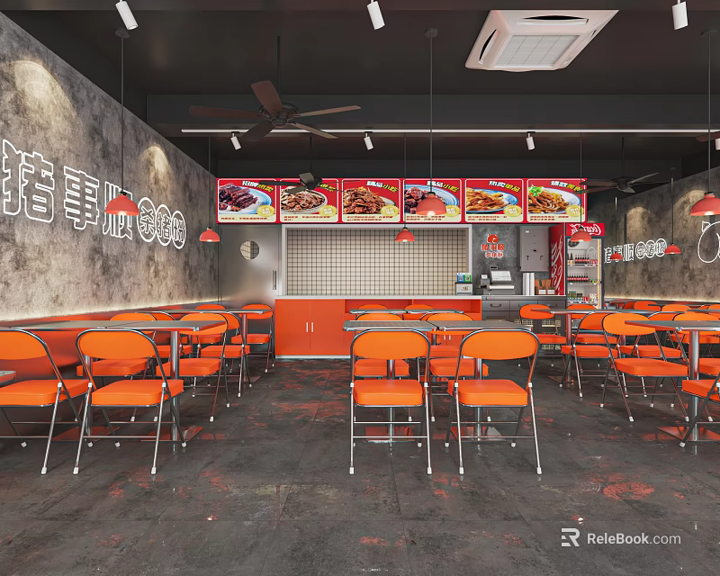 Pork Chop Restaurant Interior With Orange Tables Chairs Gray Walls Menu Posters And Open Counter 3d model 