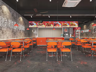 Pork Chop Restaurant Interior With Orange Tables Chairs Gray Walls Menu Posters And Open Counter 3d model
