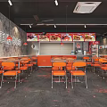 Pork Chop Restaurant Interior With Orange Tables Chairs Gray Walls Menu Posters And Open Counter