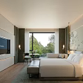 Hotel Room Interior With Comfortable Bed White Bedding Large Window Trees Outside TV Modern Design