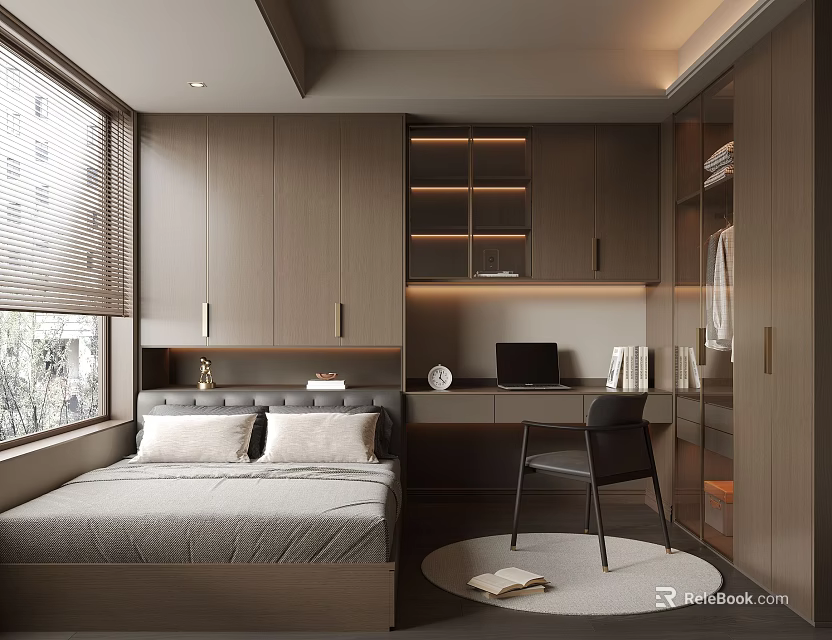 Modern Tatami Bedroom Interior With Tatami Bed Desk Chair And Wooden Cabinets 3d model 