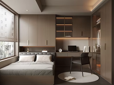 Modern Tatami Bedroom Interior With Tatami Bed Desk Chair And Wooden Cabinets 3d model