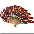 Traditional Folding Fan With Red Green White Stripes Gold Decorations And Wooden Frame