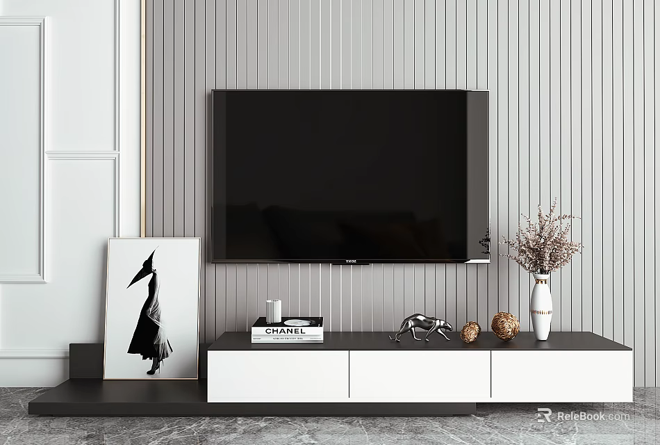 Modern TV Stand Design With Wall Mounted TV Striped Wall Decorative Painting Vase And Ornaments 3d model 