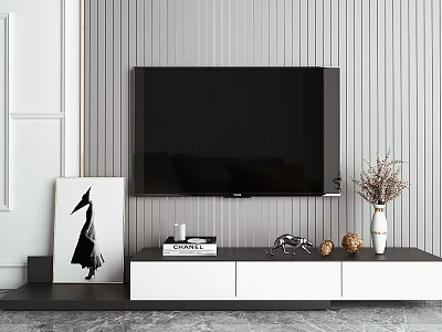 Modern TV Stand Design With Wall Mounted TV Striped Wall Decorative Painting Vase And Ornaments 3d model