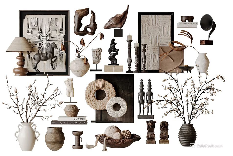 Elegant Home Decor Ornament Set with Statues Vases Candle Holders and Decorative Branches 3d model 
