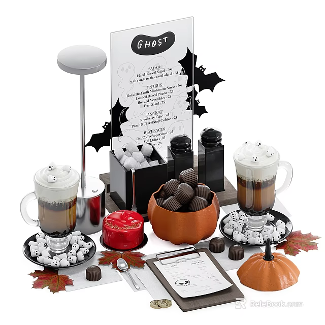 Commercial Halloween Themed Coffee Service Equipment with Bat Decor Pumpkin Mugs and Chocolate 3d model 