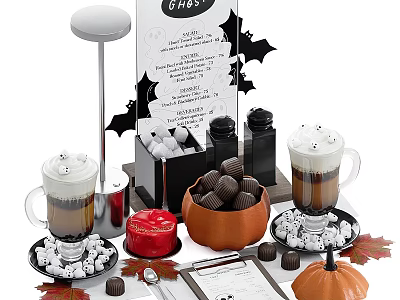Commercial Halloween Themed Coffee Service Equipment with Bat Decor Pumpkin Mugs and Chocolate 3d model