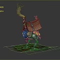 Mechanical Creature Character With Small Wooden House Bird Figure On Green Grass Base