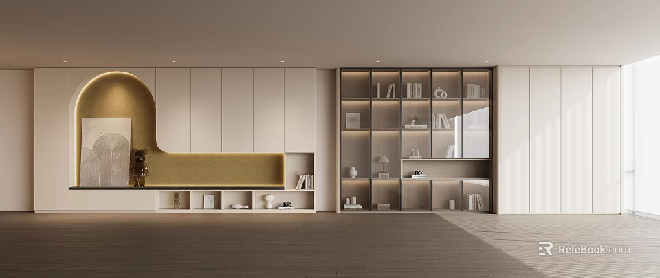 Modern Display Cabinet Interior Design With Glass Doors Books And Decorative Ornaments 3d model 