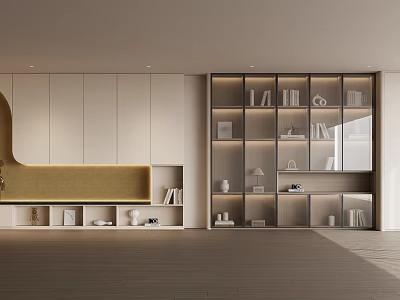 Modern Display Cabinet Interior Design With Glass Doors Books And Decorative Ornaments 3d model