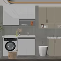Modern Bathroom Cabinetry With White Beige Storage Units Washer Sink And Lighting