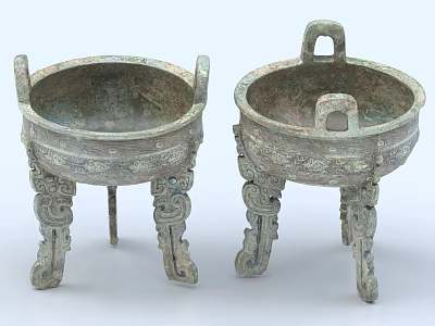 Traditional Ancient Style Bronze Ornament Decorative Set With Three Legged Carved Patterns 3d model