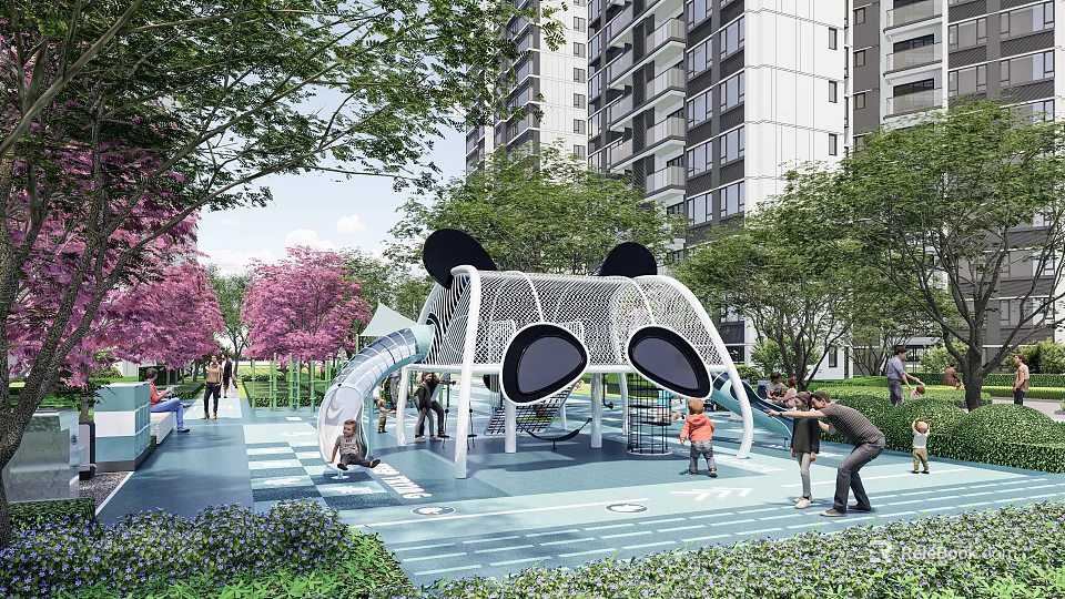 Fun Panda Themed Playground in Residential Community with Trees Where Children Play and Parents Watch 3d model 