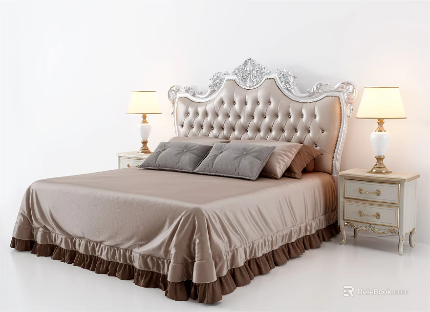 Classic Double Bed With Ornate White Tufted Headboard Beige Bedspread And Nightstands 3d model 