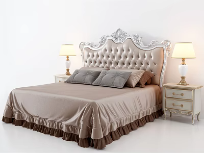 Classic Double Bed With Ornate White Tufted Headboard Beige Bedspread And Nightstands 3d model