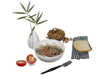 Delicious Shrimp Vegetable Noodle Bowl With Fresh Tomato Bread Slices And Bamboo Leaves 3d model