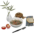 Delicious Shrimp Vegetable Noodle Bowl With Fresh Tomato Bread Slices And Bamboo Leaves