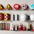 Road Traffic Facilities with Warning Signs Stop Sign Speed Limit Arrow Colored Cones and Bollards