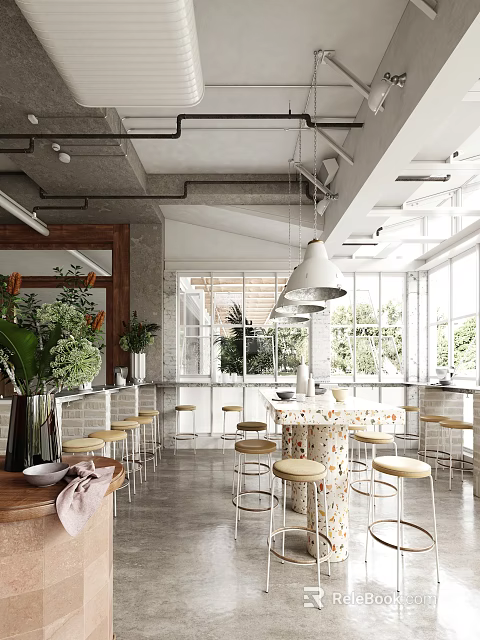 Modern Restaurant Interior With Open Layout Natural Light Dining Tables And Plant Decor 3d model 