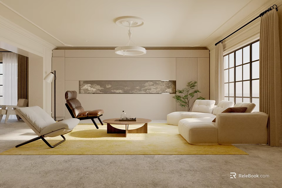 Modern Living Room Interior With Beige Sofa Brown Armchair Wooden Coffee Table And Yellow Rug 3d model 