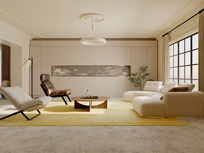Modern Living Room Interior With Beige Sofa Brown Armchair Wooden Coffee Table And Yellow Rug 3d model