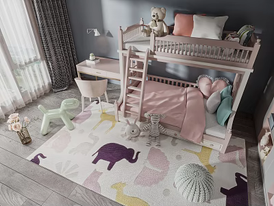 Pink Bunk Bed in Kids Room with Stuffed Toys Desk Chair and Animal Print Rug 3d model