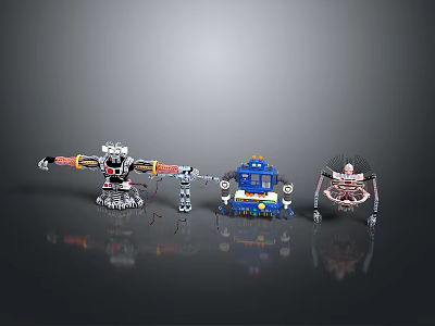 Sci-Fi Robot Characters And Mechanical Creatures With Silver Blue Red Mechanical Structures On Dark Background 3d model