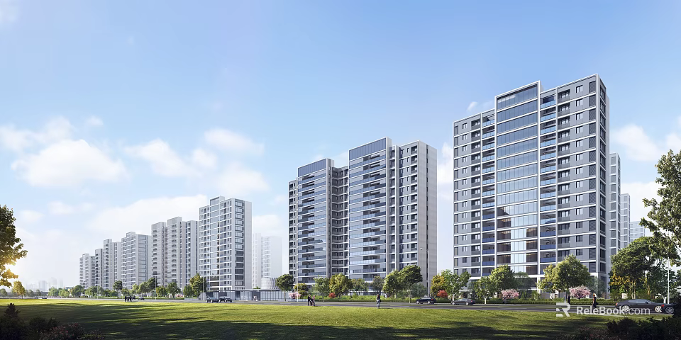 Modern High Rise Residential Buildings With Glass Curtain Walls Green Lawns Under Blue Sky 3d model 