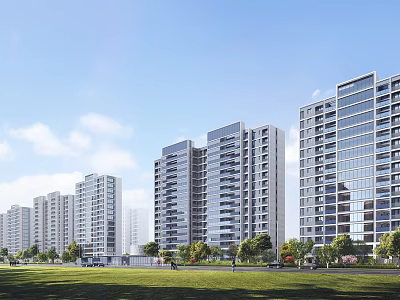 Modern High Rise Residential Buildings With Glass Curtain Walls Green Lawns Under Blue Sky 3d model