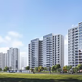 Modern High Rise Residential Buildings With Glass Curtain Walls Green Lawns Under Blue Sky